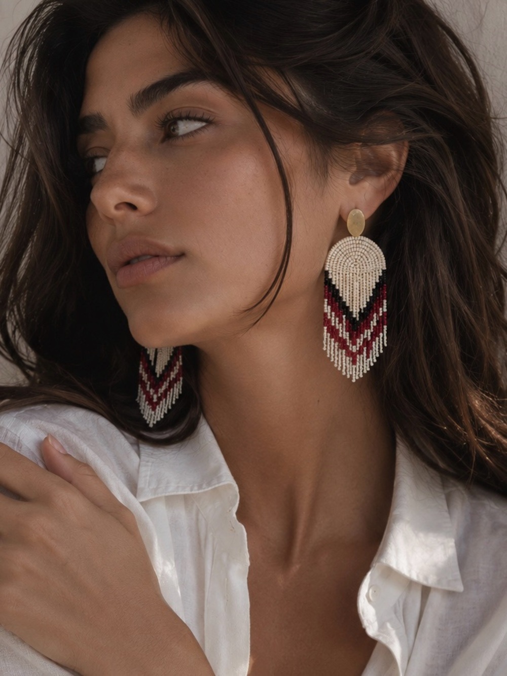 Handmade Beaded Fringe Earrings - Ivory, Black & Burgundy